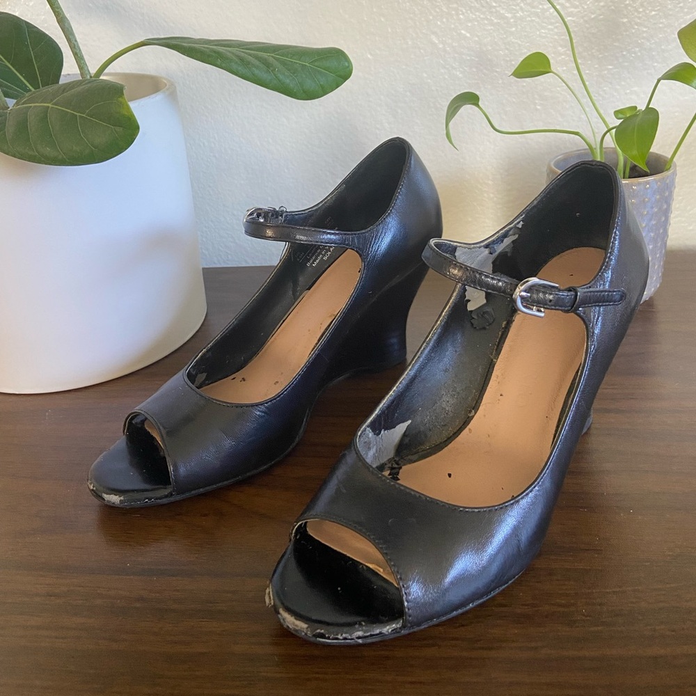 Franco Sarto Black Peep-Toe Wedges